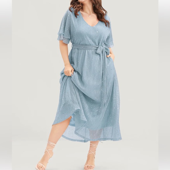 BloomChic Dresses & Skirts - Sold*Sparkle Light Blue Mesh Pocket Ruffle Tiered Belted Midi Dress Size 22-24